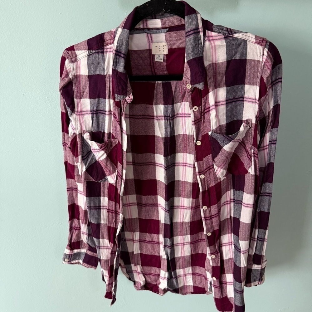 A New Day Plaid Button-Up Layering Shirt Burgandy Size Medium